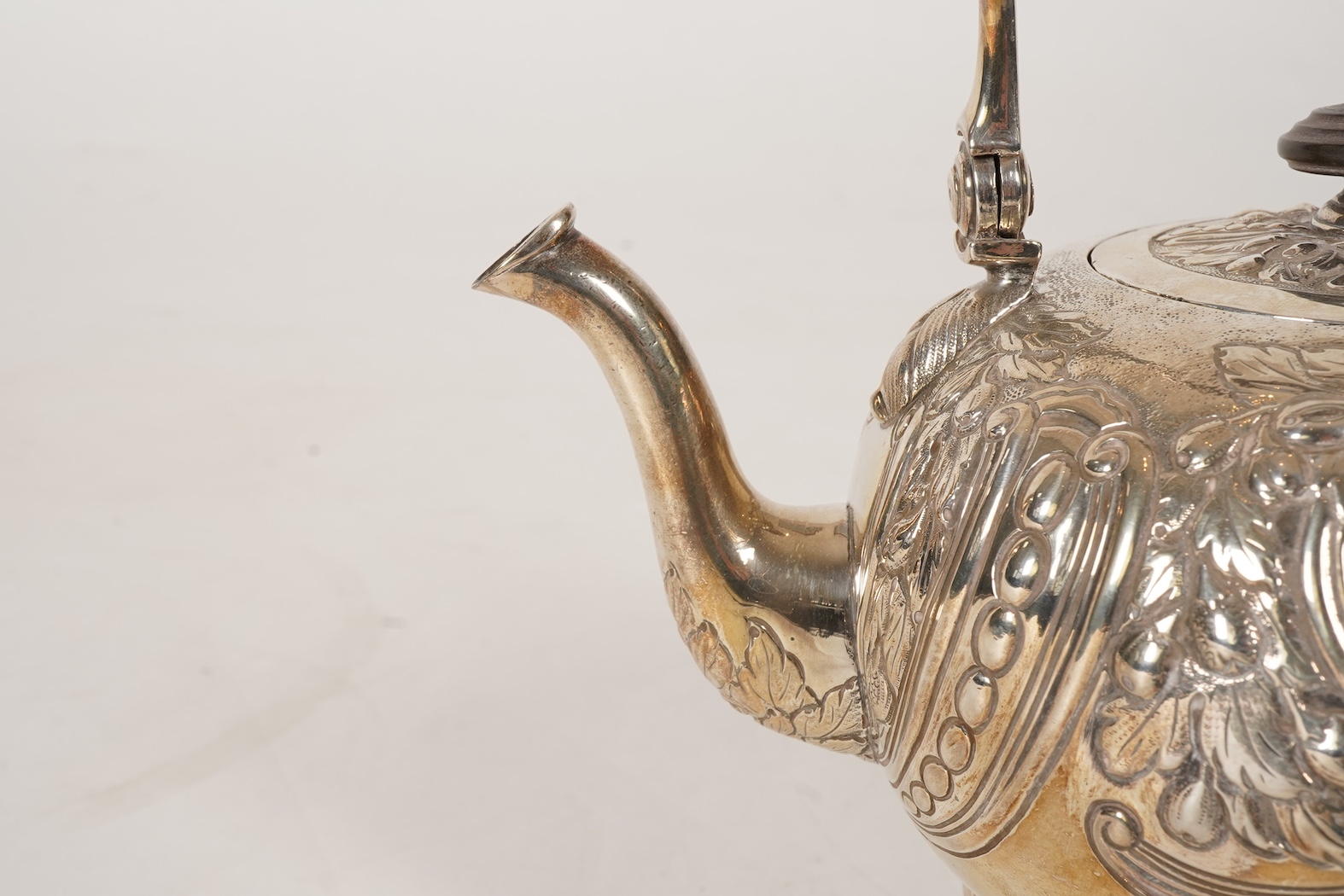 A George I silver tea kettle on stand, with burner by Gabriel Sleath, stand unmarked